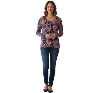 Talbots Merino Wool Blue Pink Paisley Classic Cardigan Sweater Size L